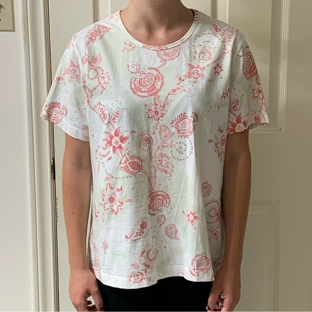 🌷3 for $25🌷Tabi, US L, White & Pink Short Sleeve Beaded Sequin Floral Tee Shirt
